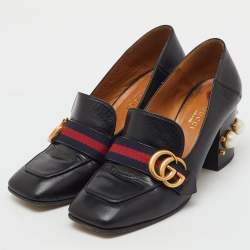 Pre Owned Gucci Black Leather Web Pearl Embellished Peyton Loafer Pumps Size 37