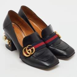 Pre Owned Gucci Black Leather Web Pearl Embellished Peyton Loafer Pumps Size 37