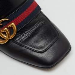 Pre Owned Gucci Black Leather Web Pearl Embellished Peyton Loafer Pumps Size 37