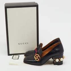 Pre Owned Gucci Black Leather Web Pearl Embellished Peyton Loafer Pumps Size 37