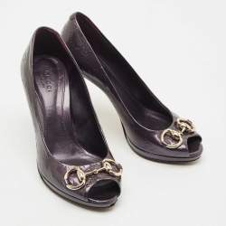 Pre Owned Gucci Purple Guccissima Patent Leather Horsebit Peep Toe Pumps Size 35.5