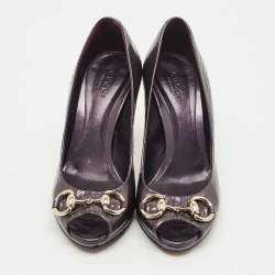 Pre Owned Gucci Purple Guccissima Patent Leather Horsebit Peep Toe Pumps Size 35.5