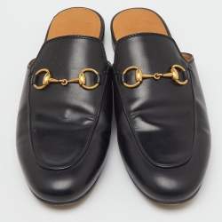 مملوكة مسبقًا Gucci Black Leather Princetown Horsebit Flat Mules Size 36.5