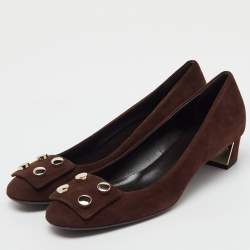 Pre Owned Gucci Dark Brown Suede Rivet Block Heel Pumps Size 39.5