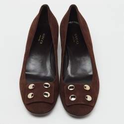 Pre Owned Gucci Dark Brown Suede Rivet Block Heel Pumps Size 39.5