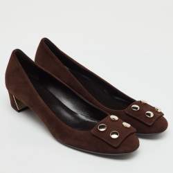 Pre Owned Gucci Dark Brown Suede Rivet Block Heel Pumps Size 39.5