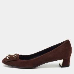 Pre Owned Gucci Dark Brown Suede Rivet Block Heel Pumps Size 39.5