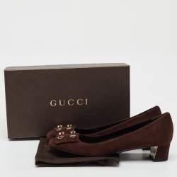 Pre Owned Gucci Dark Brown Suede Rivet Block Heel Pumps Size 39.5