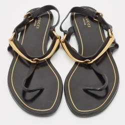 Pre Owned Gucci Black Leather Thong Flat Sandals Size 39.5