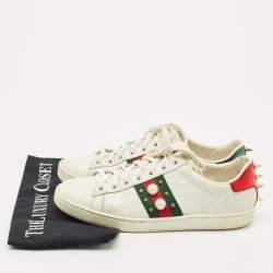 Pre Owned Gucci White Leather and Snakeskin Embossed Leather Ace Web Lace Up Sneakers Size 38