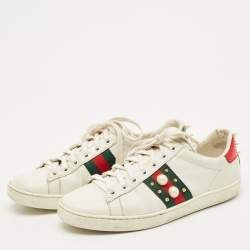 Pre Owned Gucci White Leather and Snakeskin Embossed Leather Ace Web Lace Up Sneakers Size 38