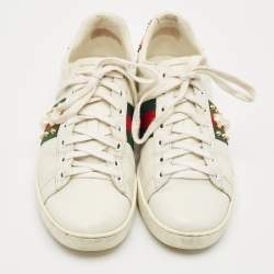 Pre Owned Gucci White Leather and Snakeskin Embossed Leather Ace Web Lace Up Sneakers Size 38