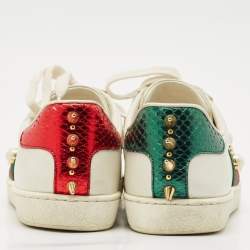 Pre Owned Gucci White Leather and Snakeskin Embossed Leather Ace Web Lace Up Sneakers Size 38