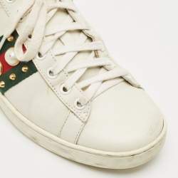 Pre Owned Gucci White Leather and Snakeskin Embossed Leather Ace Web Lace Up Sneakers Size 38