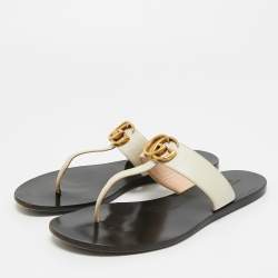 Pre Owned Gucci Cream Leather GG Marmont Thong Slide Flats Size 38