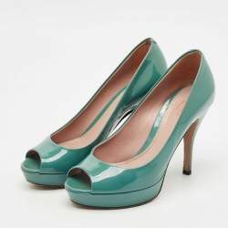 Pre Owned Gucci Blue Patent Leather Platform Peep Toe Pumps Size 36