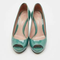 Pre Owned Gucci Blue Patent Leather Platform Peep Toe Pumps Size 36
