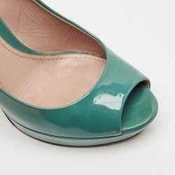 Pre Owned Gucci Blue Patent Leather Platform Peep Toe Pumps Size 36