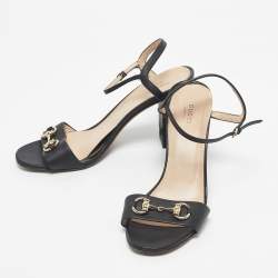 Pre Owned Gucci Black Leather Horsebit Ankle Strap Open Toe Block Heel Sandals Size 41