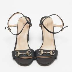 Pre Owned Gucci Black Leather Horsebit Ankle Strap Open Toe Block Heel Sandals Size 41