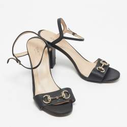 Pre Owned Gucci Black Leather Horsebit Ankle Strap Open Toe Block Heel Sandals Size 41