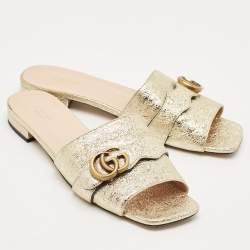 Pre Owned Gucci Gold Crinkled Leather GG Marmont Flat Slides Size 41