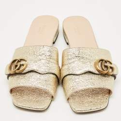 Pre Owned Gucci Gold Crinkled Leather GG Marmont Flat Slides Size 41