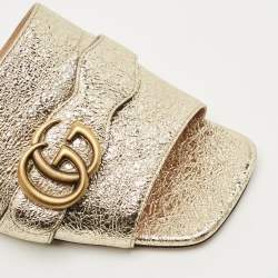 Pre Owned Gucci Gold Crinkled Leather GG Marmont Flat Slides Size 41