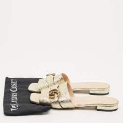 Pre Owned Gucci Gold Crinkled Leather GG Marmont Flat Slides Size 41