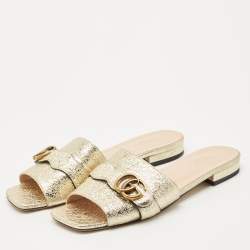 Pre Owned Gucci Gold Crinkled Leather GG Marmont Flat Slides Size 41