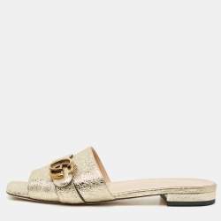 Pre Owned Gucci Gold Crinkled Leather GG Marmont Flat Slides Size 41