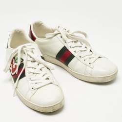 Pre Owned Gucci White Leather GG Apple Applique Ace Sneakers Size 39.5