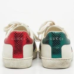 Pre Owned Gucci White Leather and Snakeskin Embossed Ace Lace Up Sneakers Size 35.5