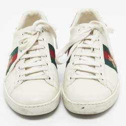 Pre Owned Gucci White Leather and Snakeskin Embossed Ace Lace Up Sneakers Size 35.5