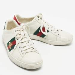 Pre Owned Gucci White Leather and Snakeskin Embossed Ace Lace Up Sneakers Size 35.5