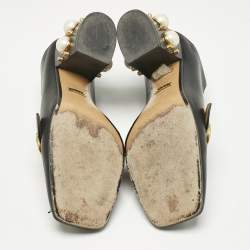 Pre Owned Gucci Black Leather Web Pearl Embellished Peyton Loafer Pumps Size 35.5