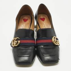 Pre Owned Gucci Black Leather Web Pearl Embellished Peyton Loafer Pumps Size 35.5