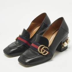 Pre Owned Gucci Black Leather Web Pearl Embellished Peyton Loafer Pumps Size 35.5