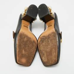 Pre Owned Gucci Black Leather Web GG Marmont Faux Pearl Embellished Loafer Pumps Size 37