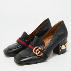 Pre Owned Gucci Black Leather Web GG Marmont Faux Pearl Embellished Loafer Pumps Size 37