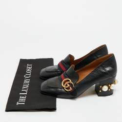 Pre Owned Gucci Black Leather Web GG Marmont Faux Pearl Embellished Loafer Pumps Size 37