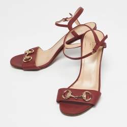 Pre Owned Gucci Burgundy Leather Horsebit Ankle Strap Block Heel Sandals Size 39