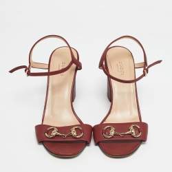 Pre Owned Gucci Burgundy Leather Horsebit Ankle Strap Block Heel Sandals Size 39