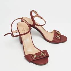 Pre Owned Gucci Burgundy Leather Horsebit Ankle Strap Block Heel Sandals Size 39