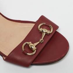 Pre Owned Gucci Burgundy Leather Horsebit Ankle Strap Block Heel Sandals Size 39