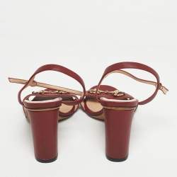 Pre Owned Gucci Burgundy Leather Horsebit Ankle Strap Block Heel Sandals Size 39