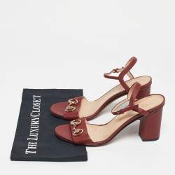 Pre Owned Gucci Burgundy Leather Horsebit Ankle Strap Block Heel Sandals Size 39