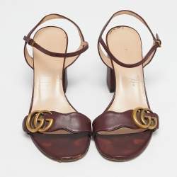 Pre Owned Gucci Burgundy Leather GG Marmont Ankle Strap Sandals Size 38