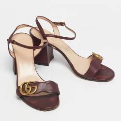 Pre Owned Gucci Burgundy Leather GG Marmont Ankle Strap Sandals Size 38