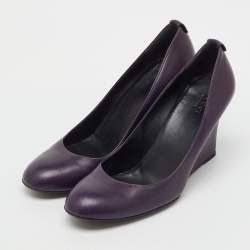 Pre Owned Gucci Purple Leather Wedge Round Toe Pumps Size 38.5